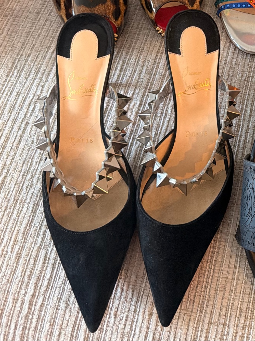 Christian Louboutin Black Pointed Suede Stud-Trim Mules